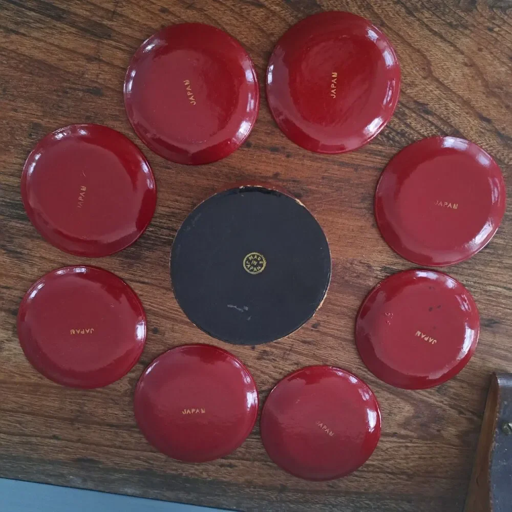 Vintage Set of 9 Red Pink Cranberry Japanese Lacquerware Coasters Plates Case